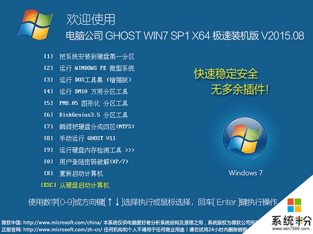 电脑公司 GHOST WIN7 SP1 X64 极速装机版 V2015.08（64位）