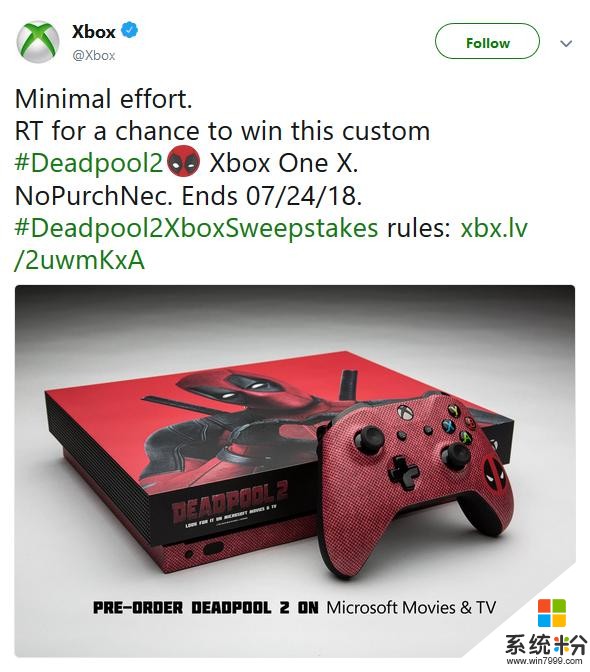 微软转发抽送《死侍2》主题定制限定Xbox One X主机(1)