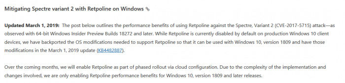 Win 10十月更新引入Retpoline 改善Spectre补丁的性能影响(2)