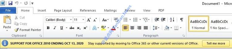 微软在Office2010版顶部弹出通知该版本将在明年10月结束支持(1)