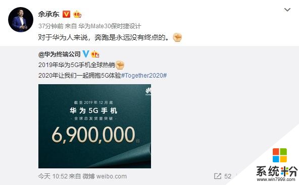 領跑5G市場！華為5G手機發貨量超690萬台，餘承東轉發慶祝(1)