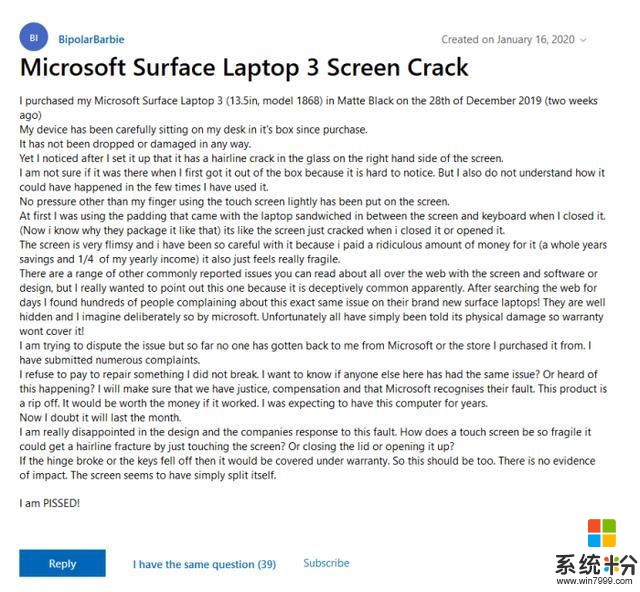 微软该抓品控了：多名SurfaceLaptop3用户反馈屏幕破裂问题(3)