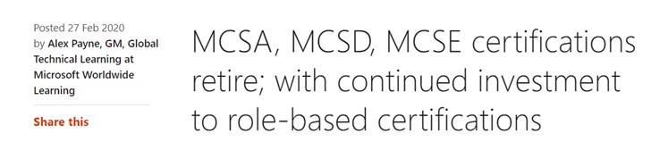 微软将于6月淘汰MCSA、MCSD及MCSE认证