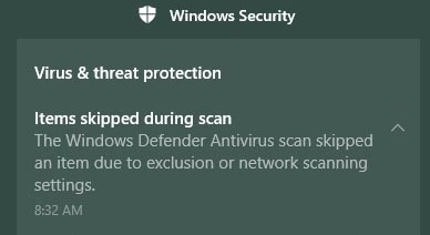 微软 Windows Defender 更新破坏了 Win10 病毒扫描：提示扫描项目被跳过(2)