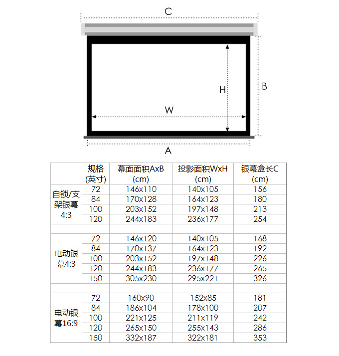 我想了解150寸投影幕的尺寸是多少