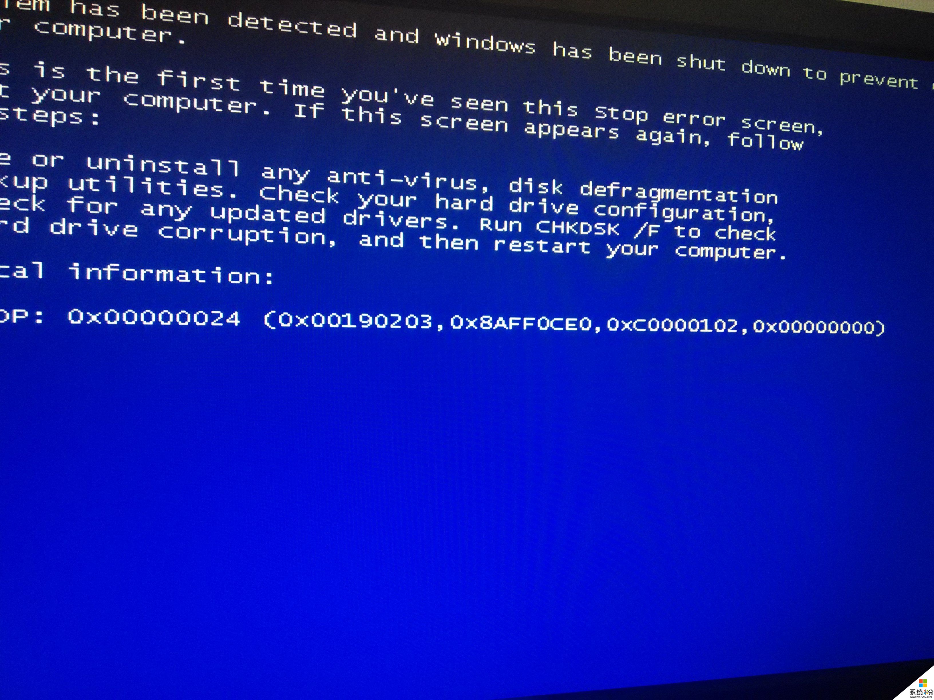 电脑开不了机，一到开机界面就蓝屏0×00000024。安全模式什么的都打不开(图1)